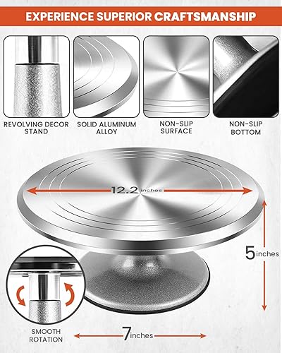 Miniatura 2 de RFAQK Kit de 250 herramientas de aluminio para decoración de pasteles con plato giratorio de metal de 12 pulgadas y juego de cuchillos, 48 puntas de