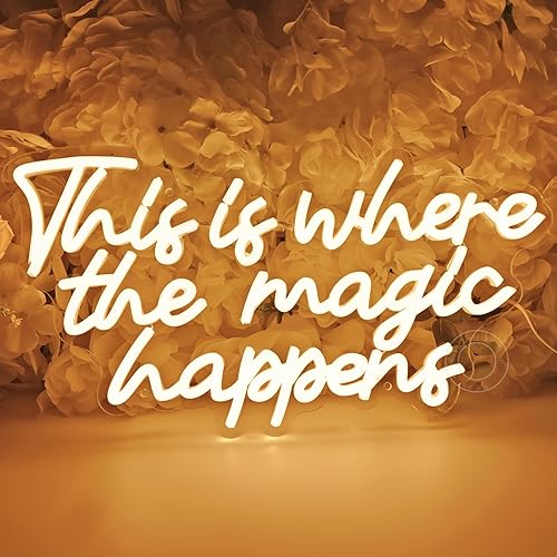 SYLHOME Letrero de luz LED de neón con texto en inglés This Is Where The Magic Happens, para dormitorio, boda, fiesta de cumpleaños, decoración de