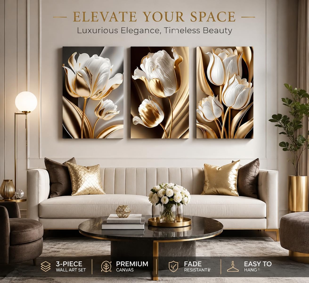 IEMIHZUM 3Pcs Modern Luxury White Gold Tulip Canvas Wall Art 12 x 16in image 2