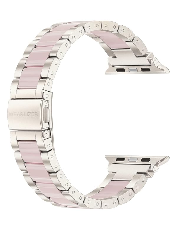 Wearlizer Compatible with Apple Watch Band 42/44/45/46/49mm Fashion Wristbands Womens, Stainless Steel + Resin Metal Replacement for iWatch Series 11 10 9 8 7 6 5 4 3 SE/Ultra 3 2 1-Starlight+Pink by Wearlizer - Used condition - US$27.85
