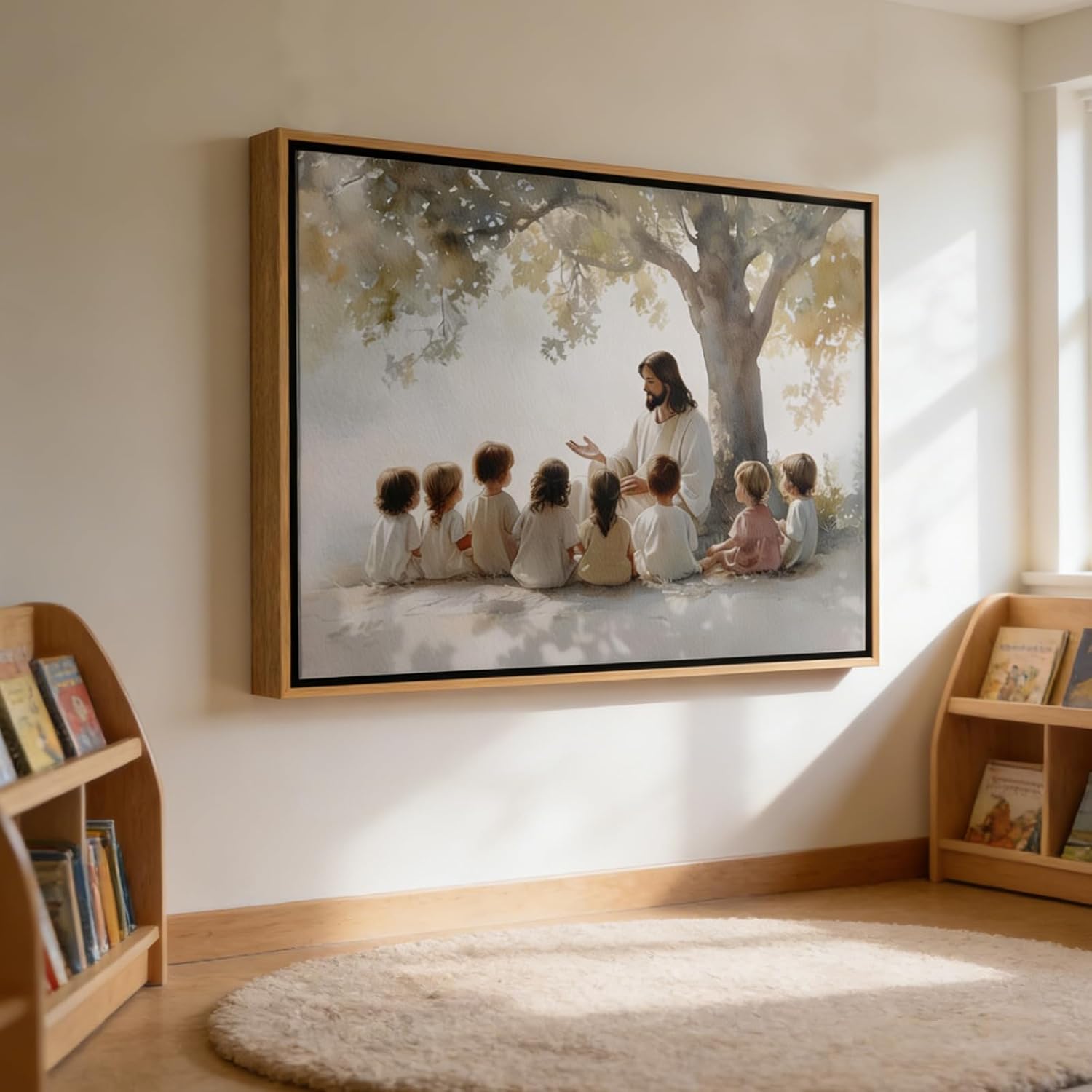 Framed Jesus With Children Canvas Wall Art Christian Kids Room Painting Picture Wall Decor Jesus Teaching Children Poster Print Artwork for Child Room Bedroom Classroom Home Decoration 12inx16in