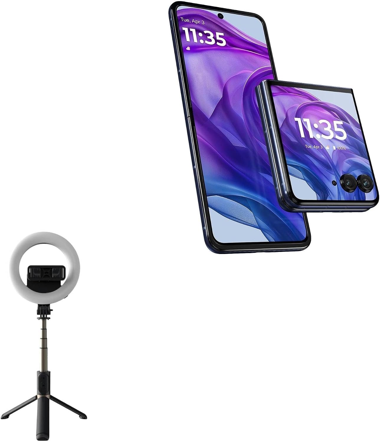 BoxWave Stand and Mount Compatible with Motorola razr+ (2024) - RingLight SelfiePod, Selfie Stick Extendable Arm with Ring Light - Jet Black