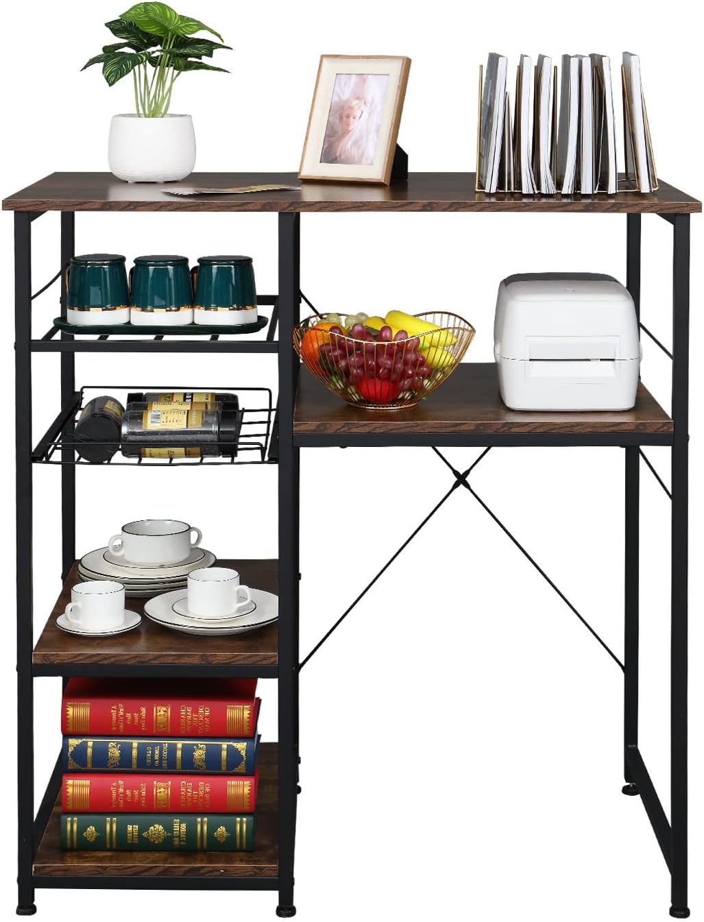 ROVSUN Kitchen Baker’s Rack, 4-Tier Microwave Storage Stand, Utility Storage with 10 Hooks, Spice Utensils for Organizing Work Station Shelf (35.5" x 15.8" x 52.3")