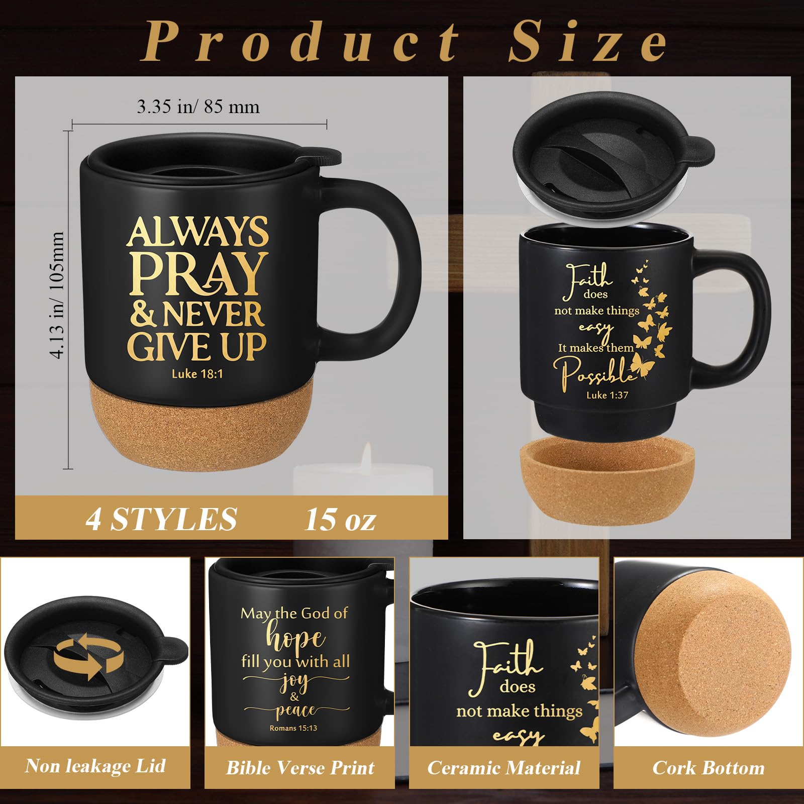 FillTouch 16 Pcs Christian Gift Church Father's Day Bulk Religious Bible Verse Prayer Journal Coffee Mug Candle Set for Man of God Pastor Father Dad Bible Study CNA Gifts (Hope,Black)