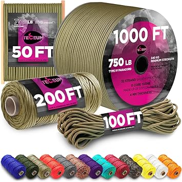Paracord Rope 750lb 5/32 Tent Camping Cord Utility Outdoor Nylon Rope | 750 Paracord 11-Strand, 50ft to 1000ft, 35+ Colors, Survival and Tactical Gear, Parachute Cord with Nylon Core, Clothesline