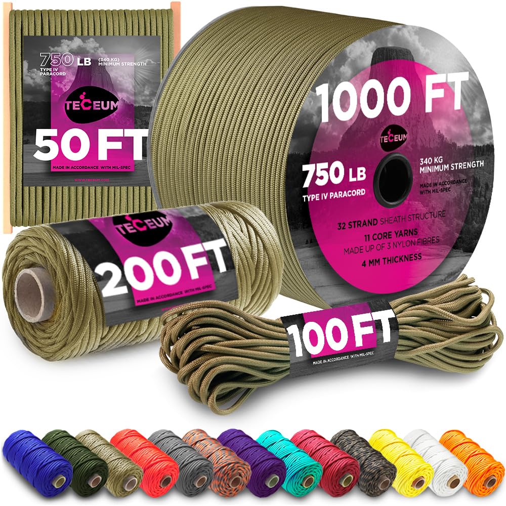 TECEUM Paracord Type IV 750 LB Brun Coyote – 30 m– 4mm – 100% Nylon Corde Tactique MIL–Spec Corde de Parachute – Corde de Survie d'urgence Noyau à 11 Fils EDC Camping Randonnée Équipement Militaire