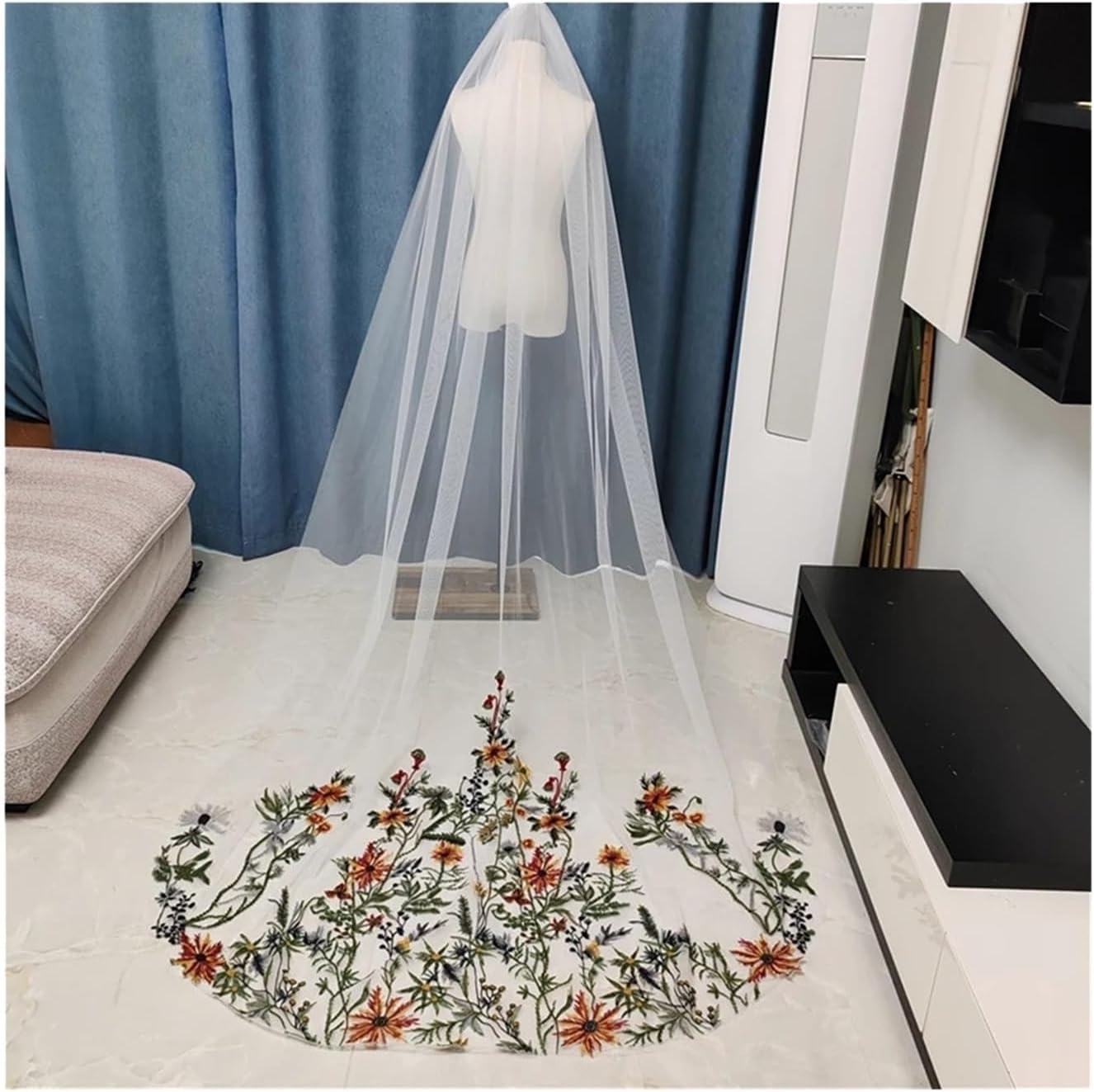 Floral Wedding Bridal Veils Embroidered Tulle Cathedral Long