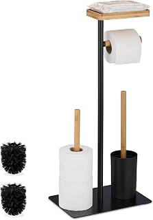 Relaxdays Accesorios Baño, Escobillero con Escobillas, Portarrollos de Papel Higiénico, Balda Adicional, Negro y Natural