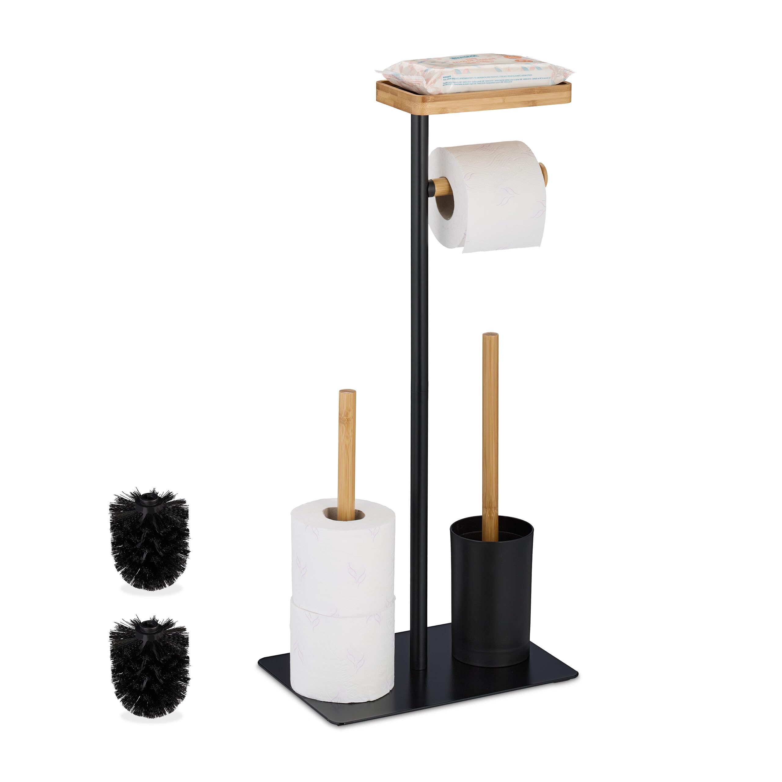 Relaxdays Serviteur WC, Bambou, Fer, Support Non Fixe, Brosse et Porte-Brosse, Noir - Nature