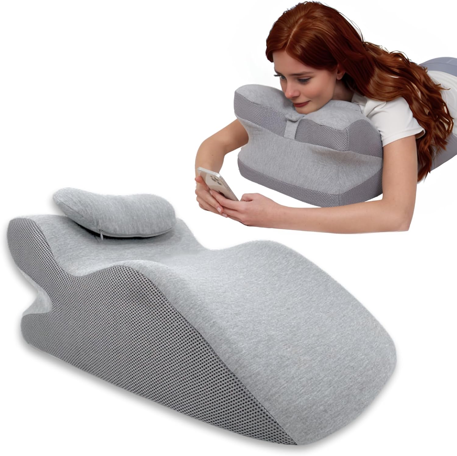 Adult Memory Foam Ergonomic Wedge Prone Pillow, Supportive Pillow for Back, Neck, Leg Support, Acid Reflux, Versatile Usage 50D Foam Machine Washable Cover (Grey)