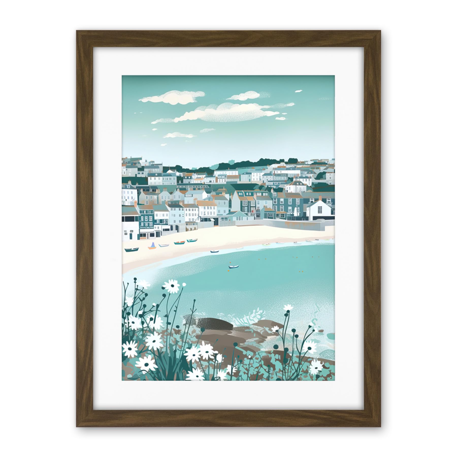 Artery8 St Ives Bay Daisies Soft Pastel Coastal Cityscape Artwork Framed Wall Art Print 18X24 Inch