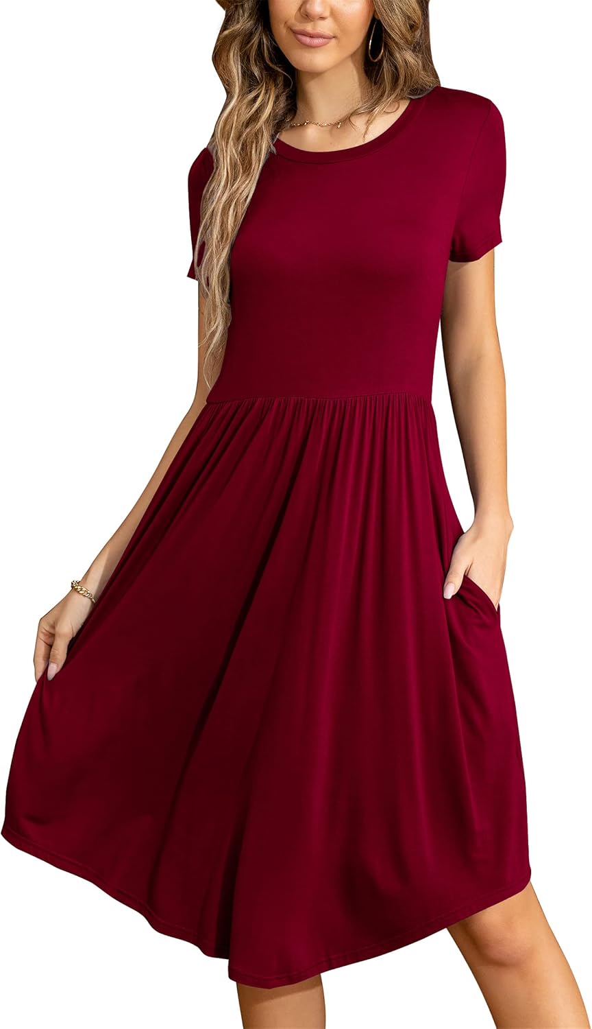 LAINAB Womens Short Sleeve Pocket Floral Print Patchwork Casual Swing Midi Dress
