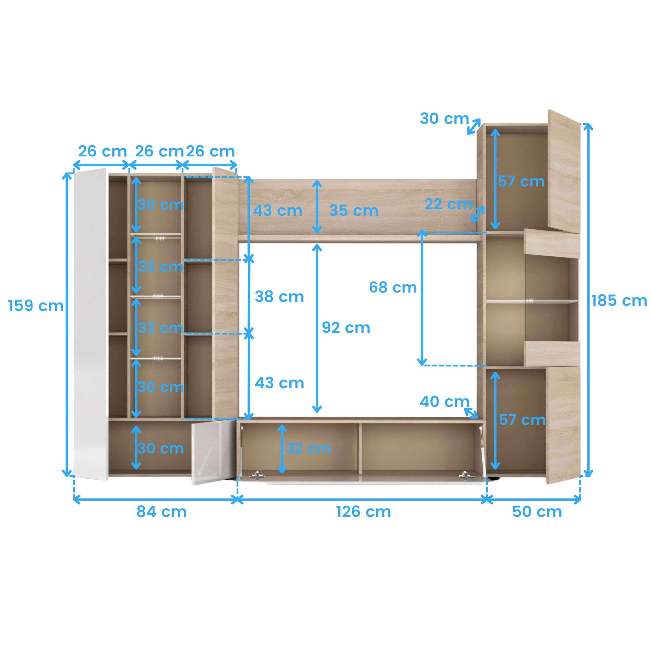 Habitdesign Esstisch-Möbel mit LEDs, Wohnzimmermöbel, Modell Essential, glänzendes weißes Finish und kanadische Eiche, Maße: 260 cm (Breite) x 185 cm (Höhe) x 42 cm (Tiefe)
