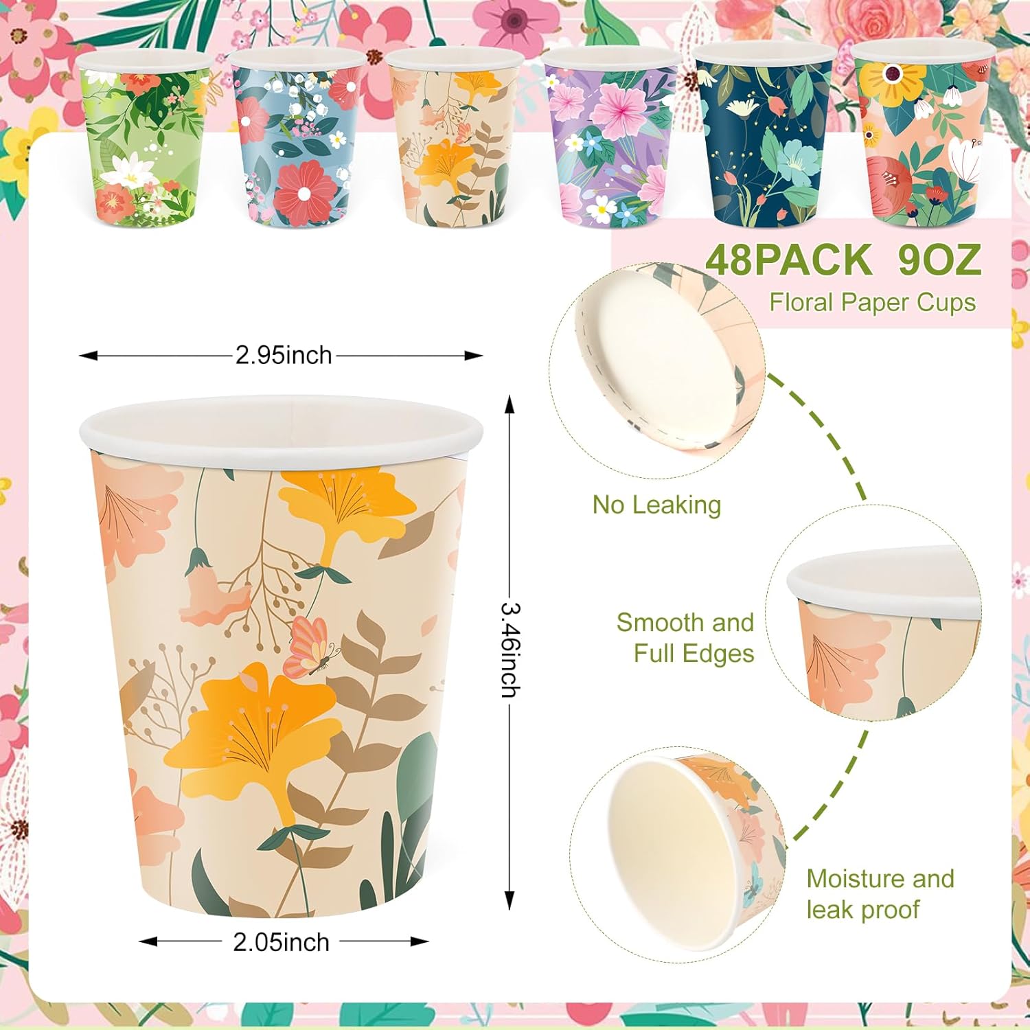 Disposable Paper Cup 9oz 48 Pcs – 6 Unique Floral Designs Drinking Cup, Perfect for Spring Birthday Parties, Easter, Bridal Showers, Weddings, Tea Parties, Christmas, Valentine’s Day, and Baby Showers - Image 3