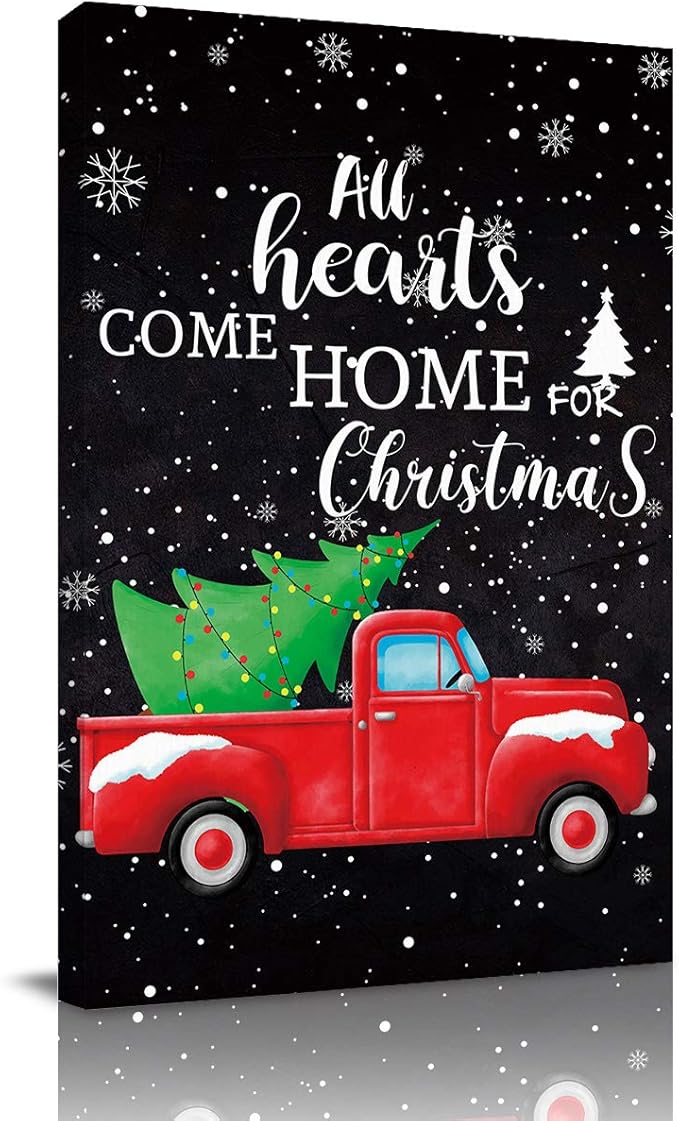 Canvas Wall Art Christmas Red Truck Pull Xmas Tree Picture Framed Abstract Painting Print