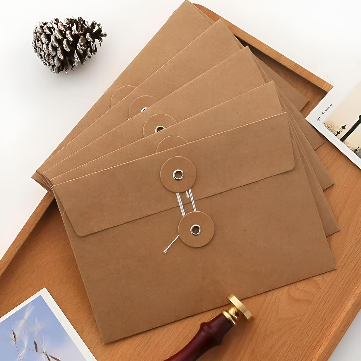 10 Pack Kraft Paper Envelopes with String, Small Brown Envelopes, Kraft String Envelope File Folder, Vintage Card Filing Envelopes for Invitation Postcard Photos (9.3 x 6.7 Inch) - Image 6