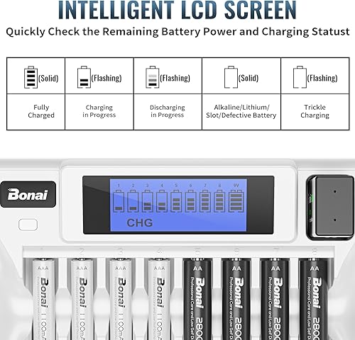 Miniatura 2 de BONAI Cargador de batería AA AAA de 8+1 bahía con pantalla LCD para AA AAA NiMH NiCd y 9V baterías recargables Control independiente y enchufe de