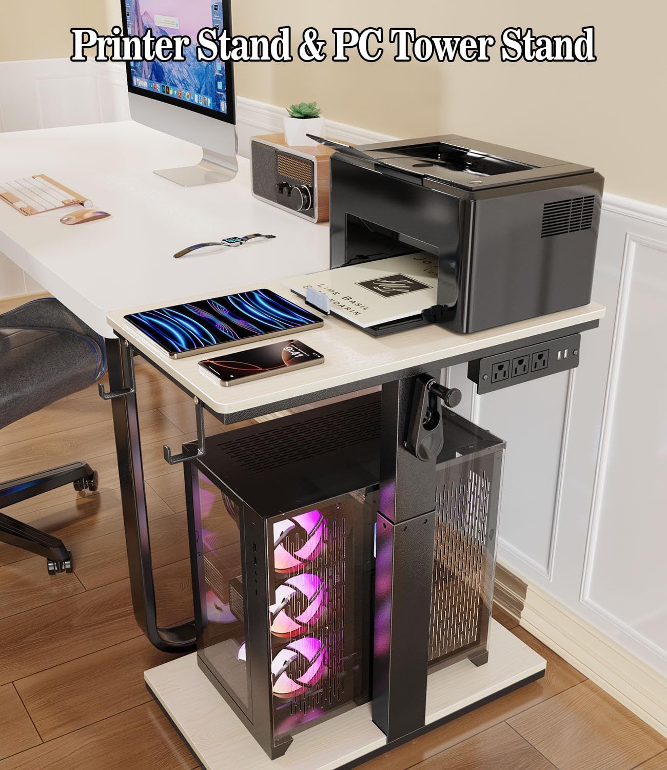 Computer Tower Stand with Charging Station & USB Ports - Adjustable Height PC Stand 2-Tier, Under Desk for ATX-Case with Wheels, CPU Holder for Office, Home, Gaming Room