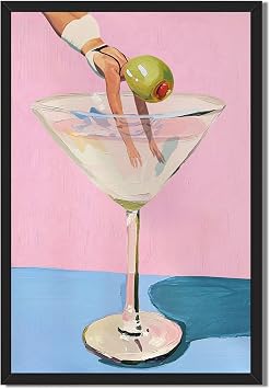 Ripiyome Vintage Cocktail Wall Art Print Funny Martini Glass Pink Blue Poster Surreal Retro Swimmer Canvas Oil Painting Playful Pop Art Bar Room Decor Aesthetic for Home Kitchen 8x12inch Black Frame