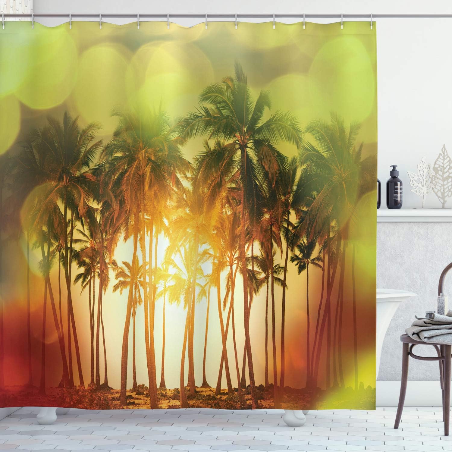 Ambesonne Ocean Shower Curtain, Mystical Illustration of Tropical Palm Coconut Trees in Gradient Colors Print, Cloth Fabric Bathroom Decor Set with Hooks, 69" W x 70" L, Green Orange Red