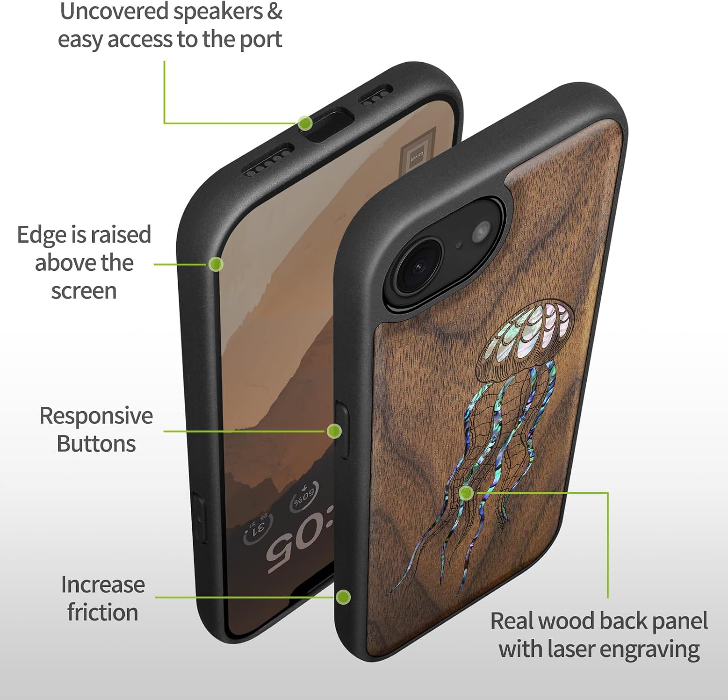 Carveit Magnetic Wooden Case for iPhone 16e / 17e, Wood Artisan Engraved & Handmade Shell Inlaid, TPU Shockproof Cover, Compatible with MagSafe Wireless Chargers, Zentangle Art Jellyfish - Walnut