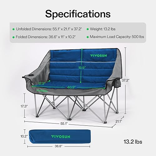 Miniatura 2 de VIVOSUN Double Camping Chair, Fully Padded Folding Loveseat, Oversized Duo Chair with Cup & Wine Glass Holders, Pocket, Armrests & Carry Bag Azul