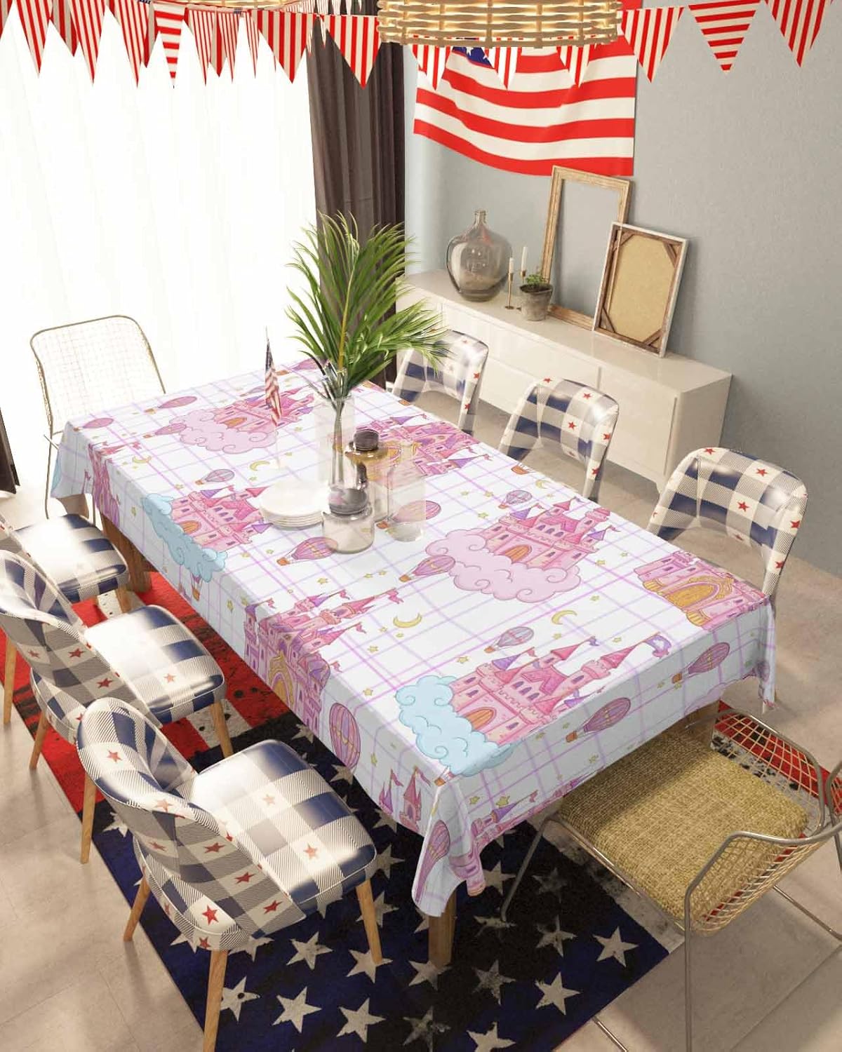 Children's Day Waterproof Table Cloth Pink Castle Hot Balloons Moon Star Plaid Waterproof & Wrinkle Table Cover, Washable Polyester Soft Fabric Table Cloth for Outdoor Indoor Parties