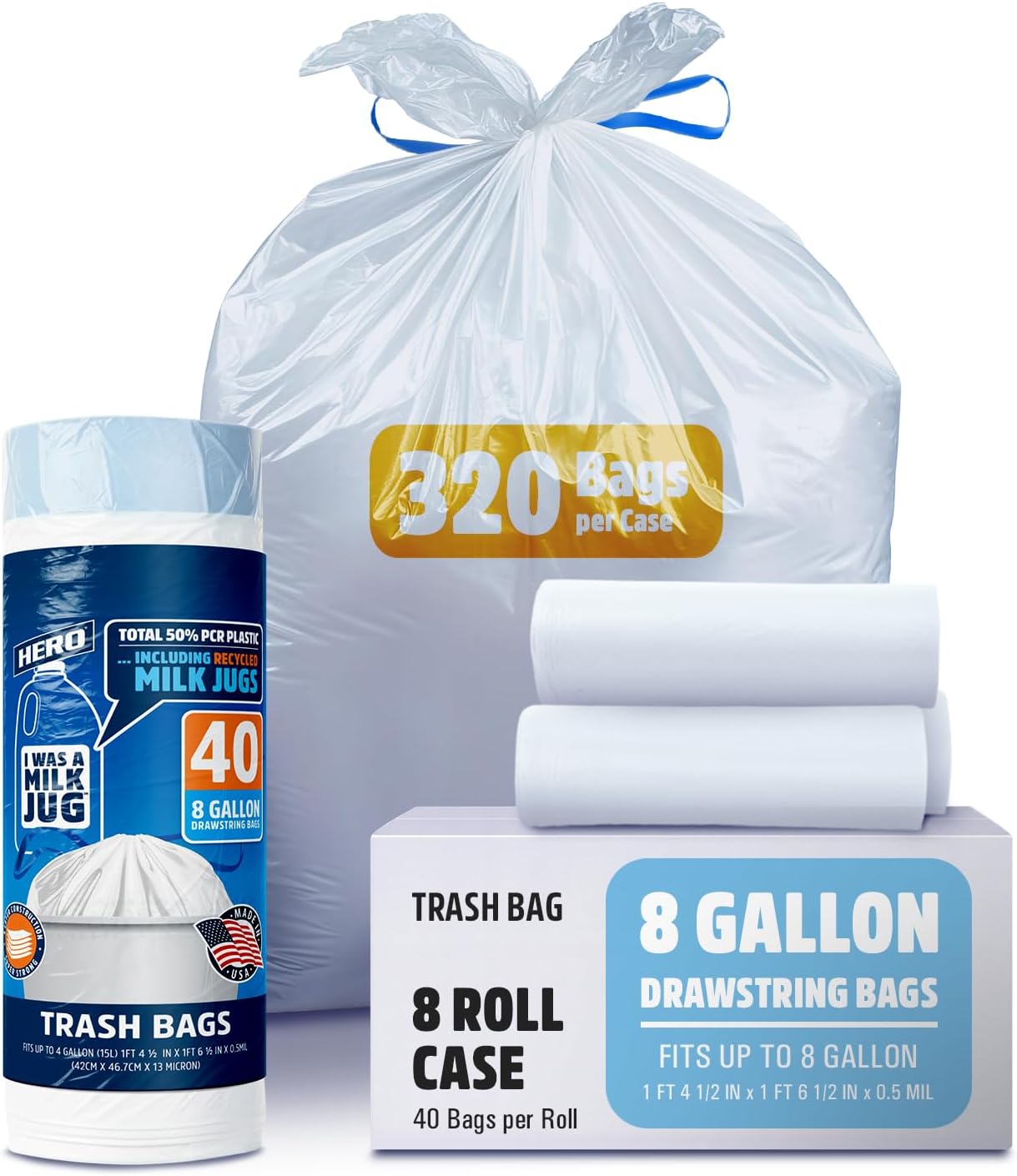 Hero, I Was A Milk Jug, Trash Bags, 4 Gallon, 320 Bag Bulk Case, Recycled, Bathroom, Office, Kitchen, Small Trash Bag