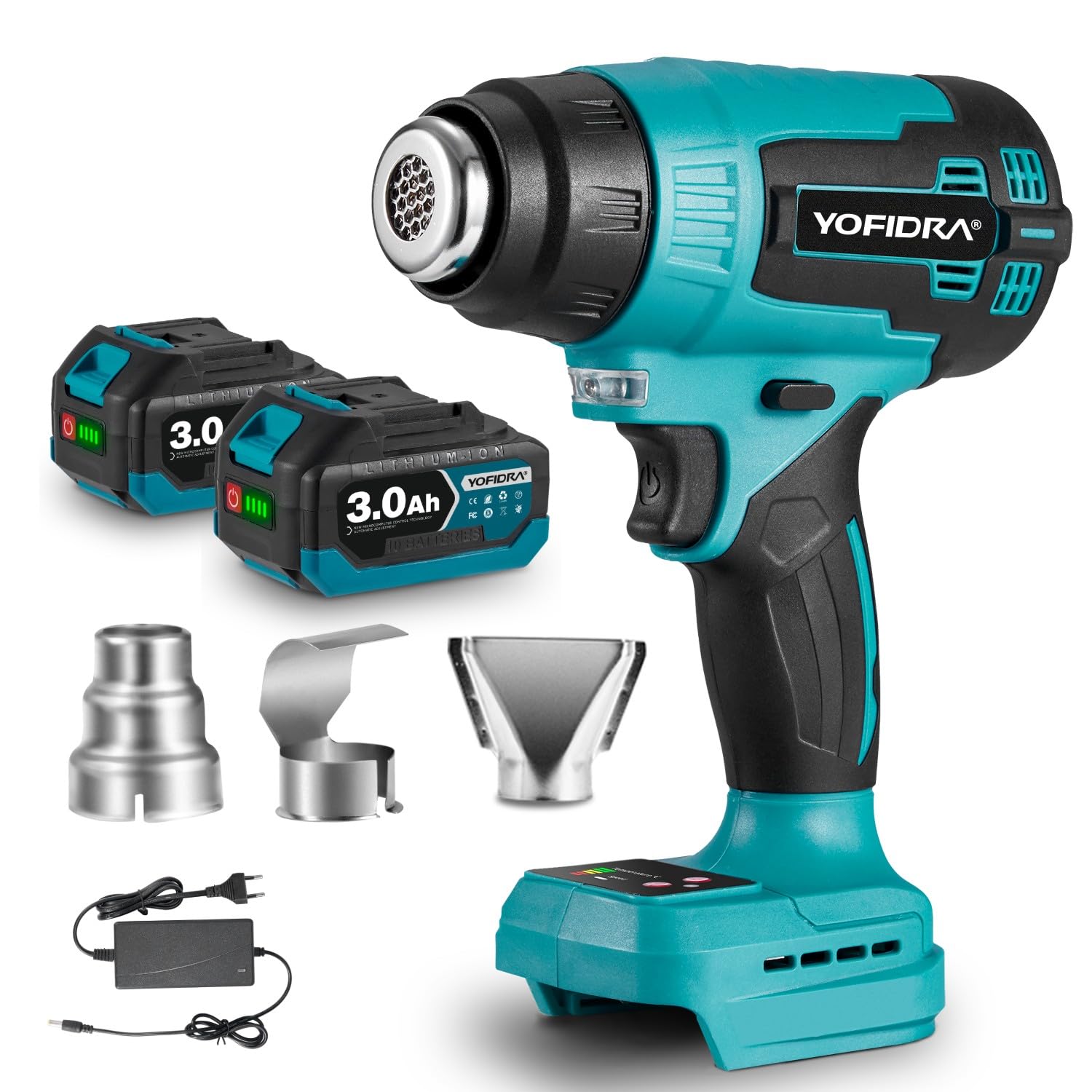 Yofidra Pistola ad Aria Calda, 500°C Max, 9 Velocità, Pistola Termica a Batteria, con Display LCD, 3 Ugelli, 2 Batterie 3,0 Ah Ideale per Rimozione Vernice, Lavori Artigianali e Fai Da Te