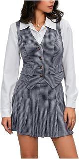 Women's Plaid Skirt Sets 2 Piece Outfits Blazer Vest Top and Pleated Mini Skirt Suit