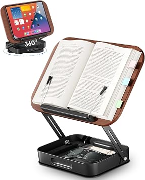 Viozon 360 Rotating Ergonomic Book Stand for Reading - Adjustable Wood Book Holder for Neck Pain Relief, for Heavy Textbooks & Cookbooks, No-Assembly Hands-Free Stand for Students & Home Office