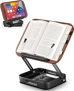 VIozon Book Stand for Reading, Book Holder with Storage and 360° Rotating Base, Adjustable Textbook Stand for Desk, Foldable Reading Stand for Cookbooks, Recipe, Tablets/Laptops,dw