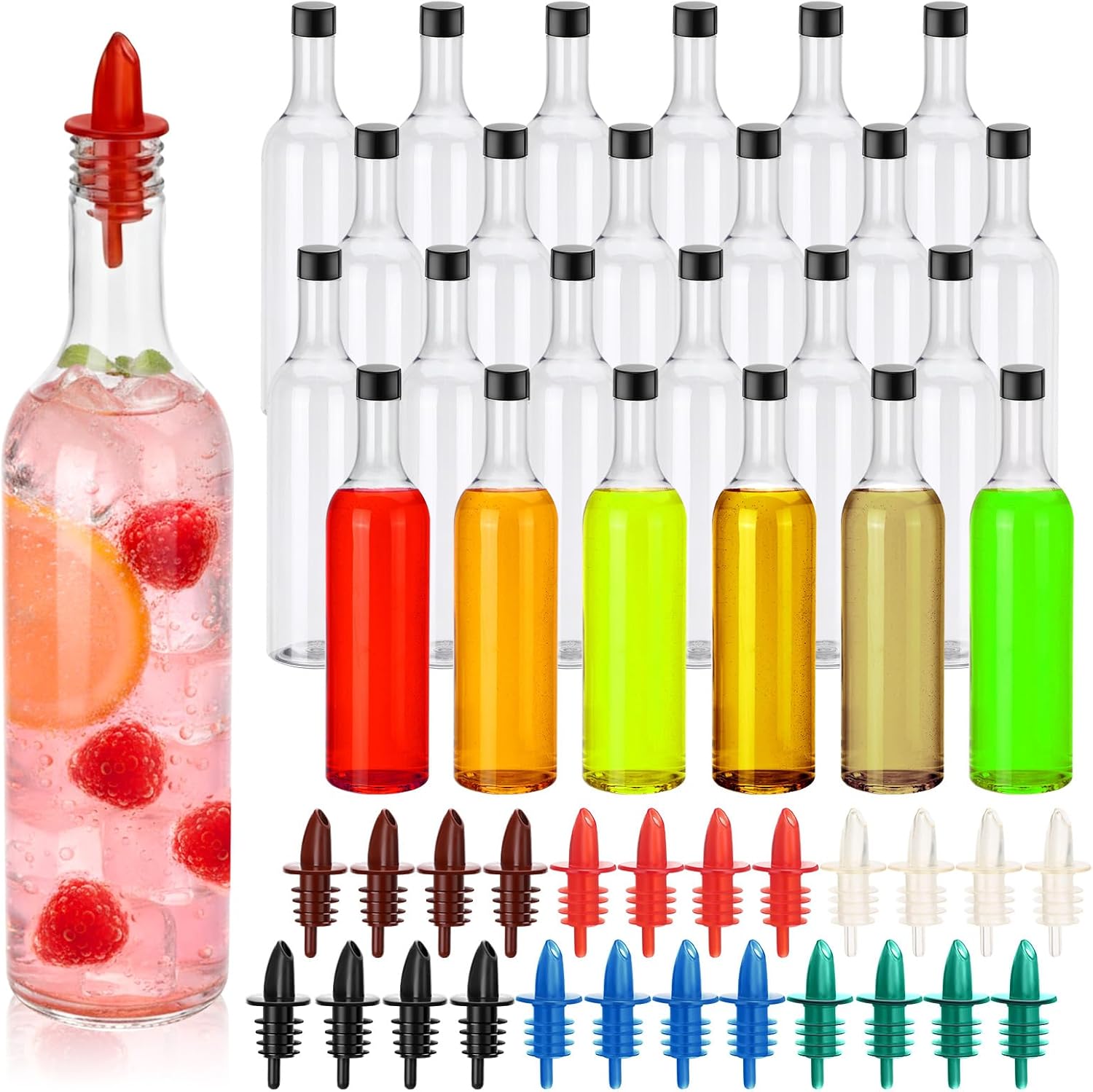 Yinder 24 Pcs Long Neck Plastic Bottles with Pourer 25 oz Empty Clear Wine Liquor Bottles Pour with 24 Pourers for Home Party Bar Kitchen (Color Mixing Pourers)