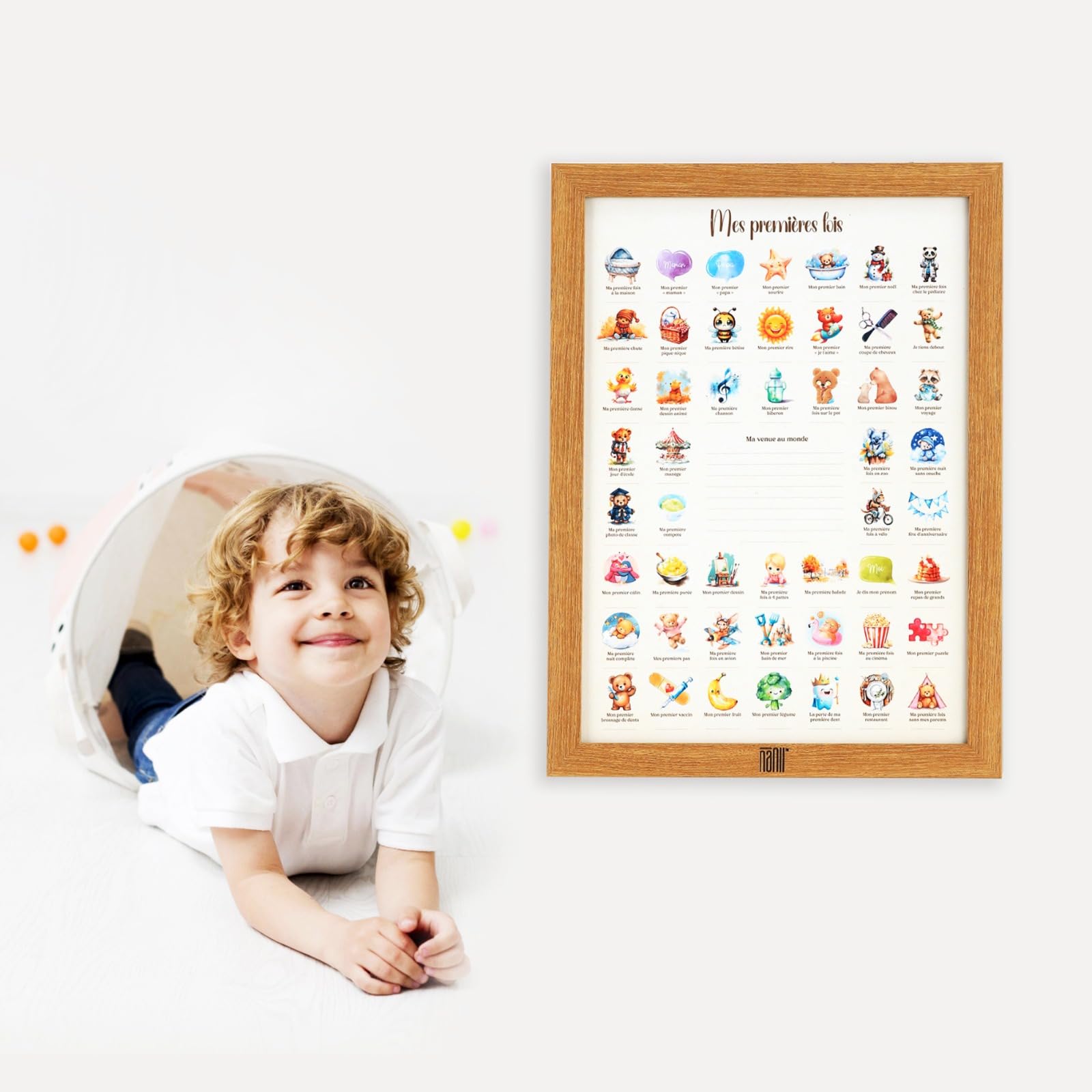 NANII Affiche Mes Premières Fois Bébé – Cadeau de Naissance Fille Garçon – Coffret Cadeau Baby Shower, Boîte Souvenir Parents, Femme Enceinte, Jeune Maman – Décoration Chambre Bébé