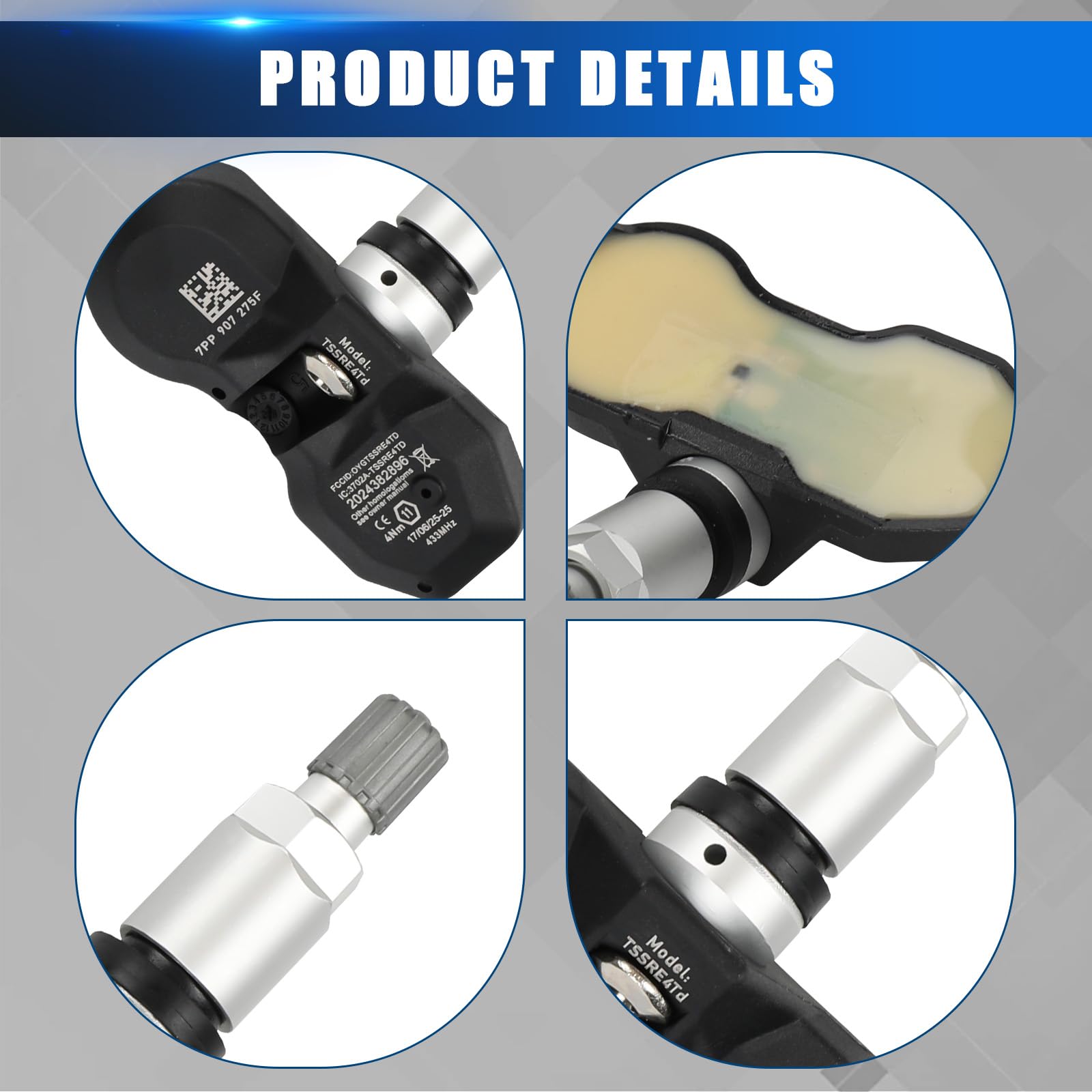Capteur de Pression des Pneus Compatible avec Por-sche 991 997 981 RDKS TPMS Compatible avec A-udi A6 A8 Q7 R8 A4 RS4 RS6 7PP907275F 4 Pièces