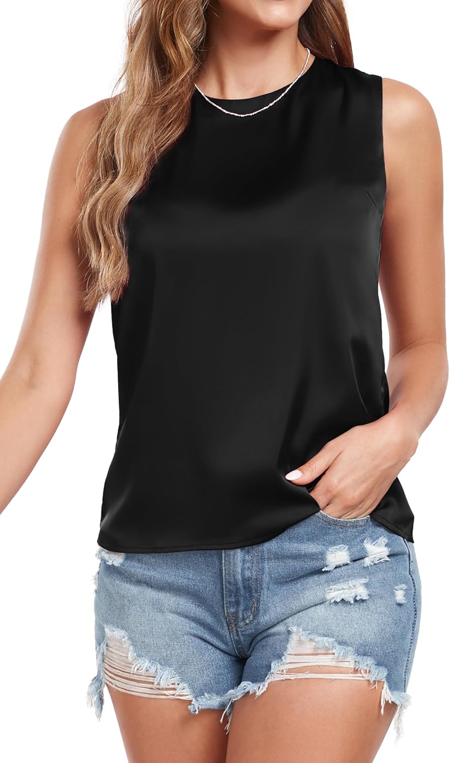 Wantschun Women's Summer Fall Silk Satin Tops Sleeveless Shirt Blouse Basic Casual Crew Neck Tank Top - Image 2