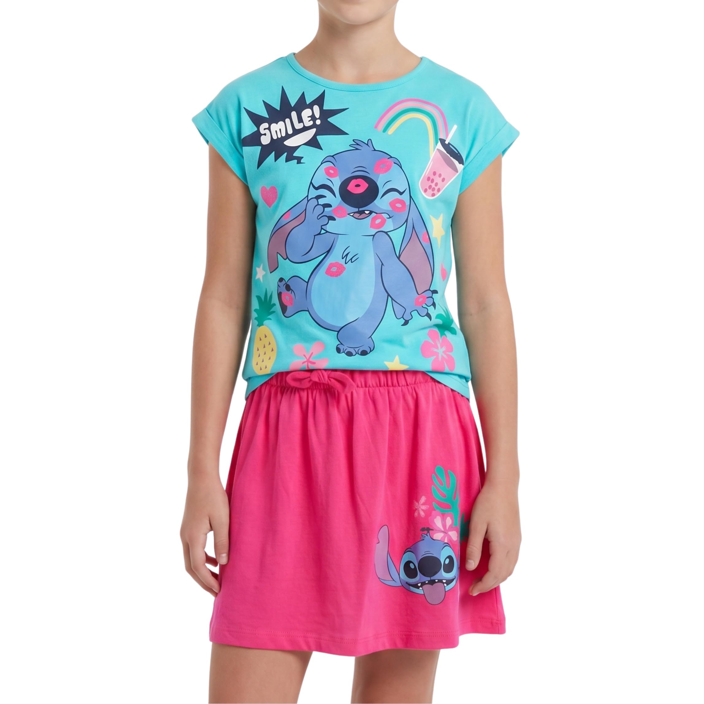 Disney Stitch Set da 2 Pezzi per Ragazze, Maglietta e Gonna con Motivo Smile per Bambine, Taglie 3 a 8 Anni