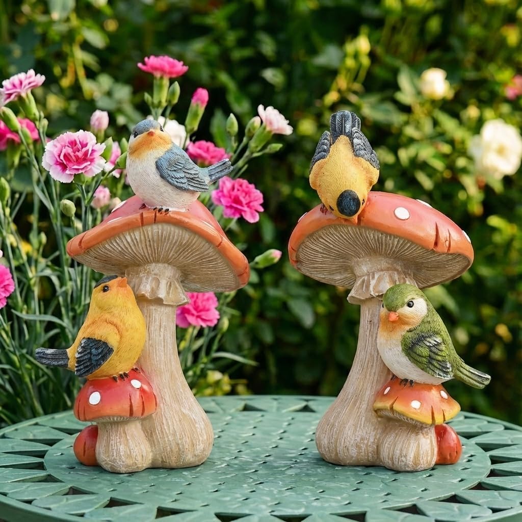 TERESA'S COLLECTIONS Garden Decor, Set of 2 Cute Birds and Mushrooms Garden Decor, Waterproof Resin Garden Statue, Birds Gift, Garden Gift for Women Mom, Indoor/Outdoor
