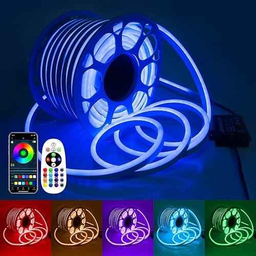Aclorol Tira de luz LED RGB de neón de 150 pies, impermeable, multicolor, con aplicación Bluetooth, sincronización remota de música, CA de 110 a 130