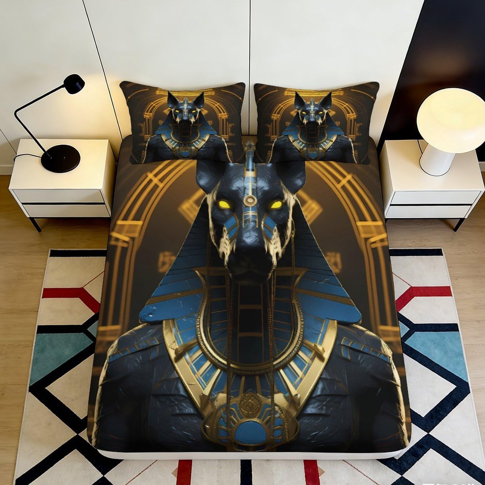 3D Printed Egyptian Anubis Fitted Sheet Microfiber Soft Black Gold Pharaoh Mattress Cover Bedroom Dorm Protector Decor 90x200x25cm