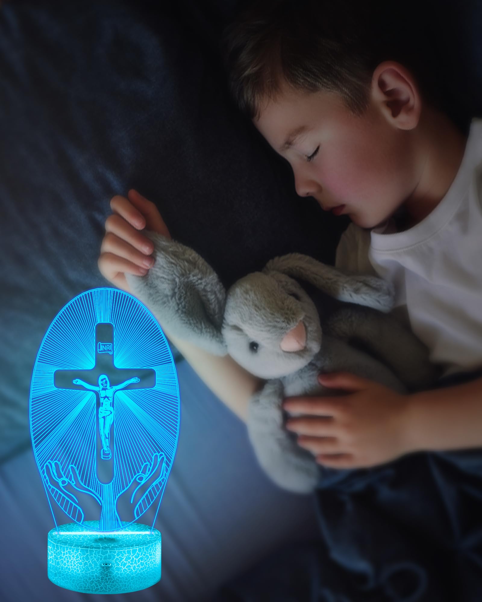 Lampada 3D LED Gesù Croce Illusione Ottica - Luce Notturna Con 7 Colori E Touch - Decorazione Acrilica Da Tavolo USB