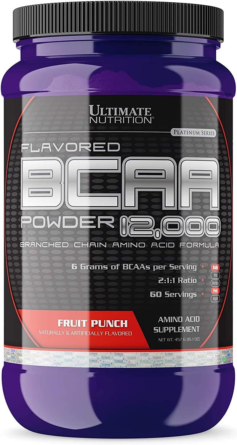 Flavored BCAA Powder 12000 Branched Chain Post Workout Amino Acid Supplement, Caffeine-Free with 3g Leucine 1.5g Valine 1.5g Isoleucine- Fruit Punch, 60 Servings