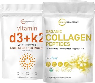Micro Ingredients Vitamin D3 5,000iu + K2 100mcg Softgels & Organic Collagen Peptides Powder Bundle 2 Pack | Essential Sun...