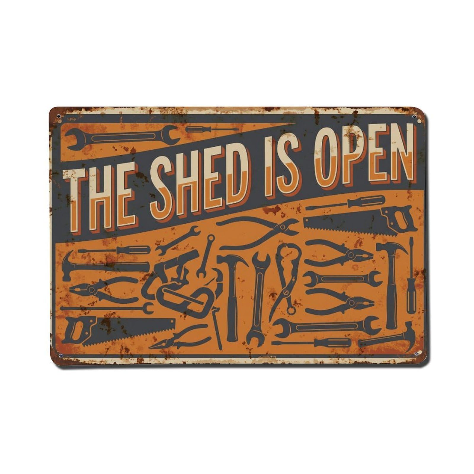 Shed Open Workshop Tools Welcome Tinkering Repair Metal Tin Sign Plaque Wall Decor for Cafe, Man Cave, Club Bar, Office, Home Garden Round Metal Poster 8x12Inch
