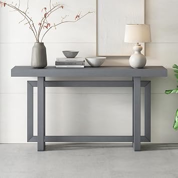 Contemporary Console Table with Industrial-Inspired Concrete Wood Top,Extra Long Entryway Table Buffet Sideboard with Wood Legs for Entryway,Hallway,Living Room,Foyer,Corridor Dark Gray@053