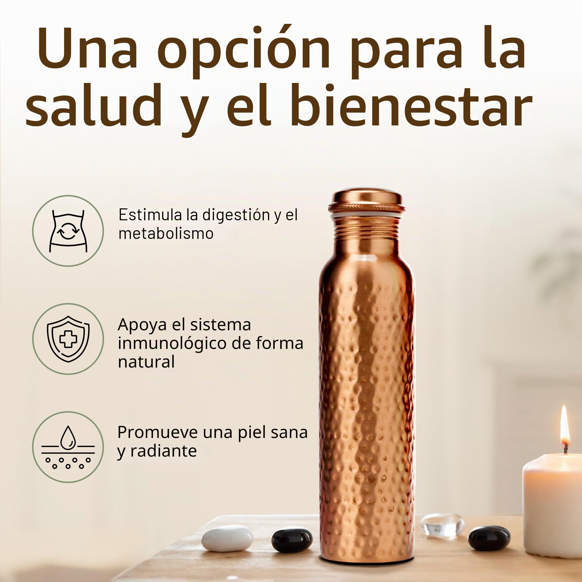 Botella de Agua de Cobre Puro Martillado a Mano 950 ml – Botella Ayurvédica Antifugas Sin BPA para Yoga, Viajes y Oficina con Bolsa de Lona, Bolsillo, Porta Tarjetas y Cepillo