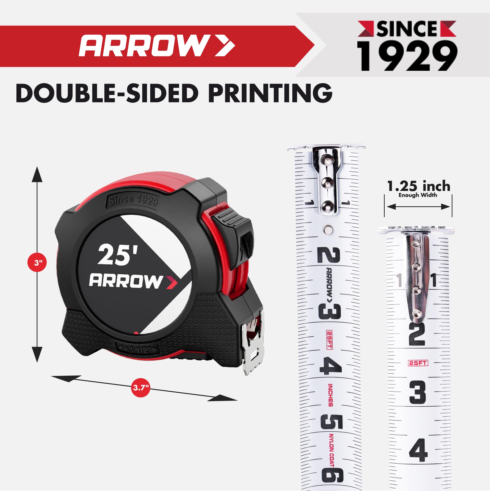 Arrow 25ft Tape Measure - Dual Lock & Durable -7 Arrow 25ft Tape Measure - Dual Lock & Durable -7