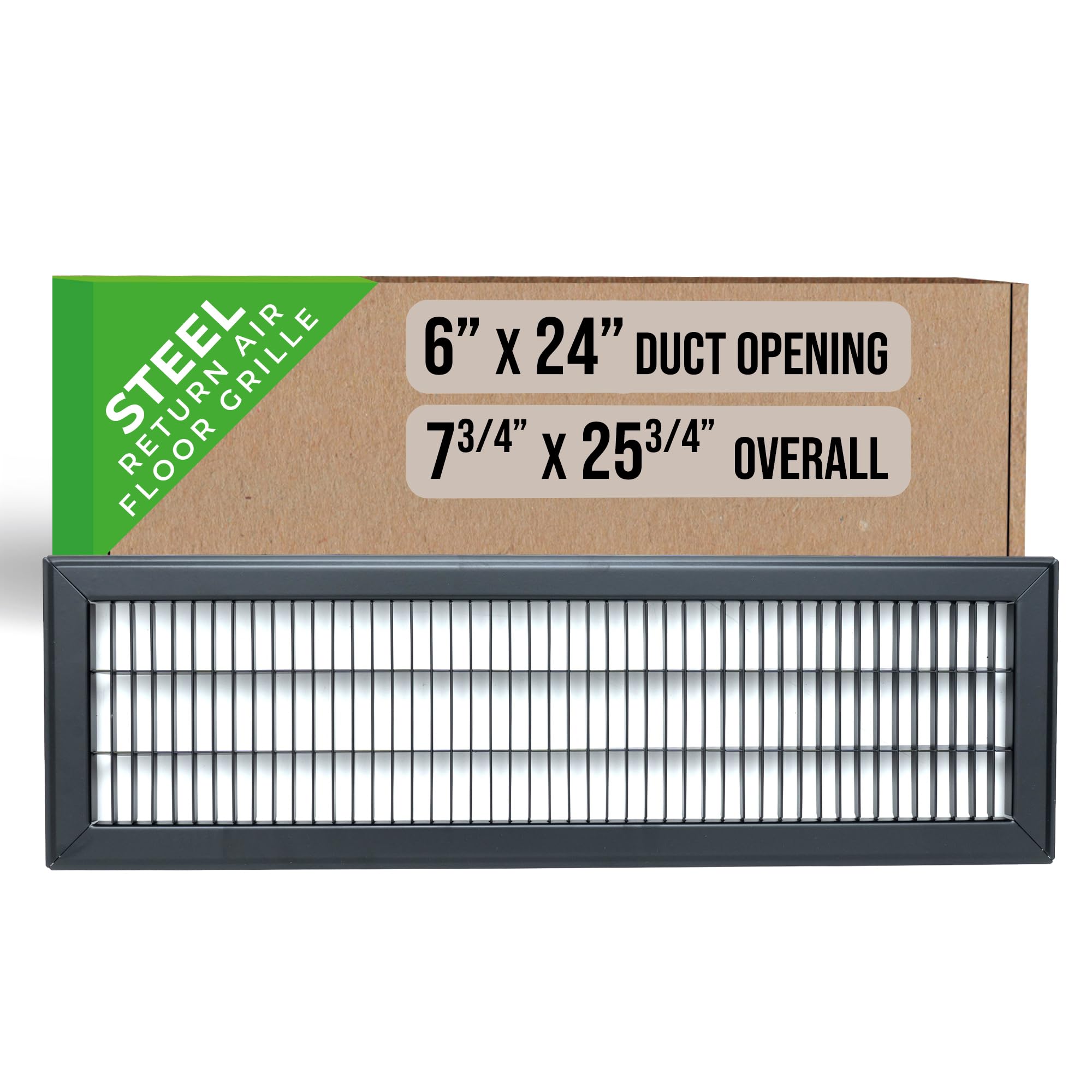 Passend für 15,2 x 61 cm und 61 x 15,2 cm große Kanalöffnung | Rückluft-Bodengitter von Handua | begehbare Lüftungsgitter für Boden | schwarz | robuste feste Klingen | Außenmaße: 19 cm B x 65 cm H
