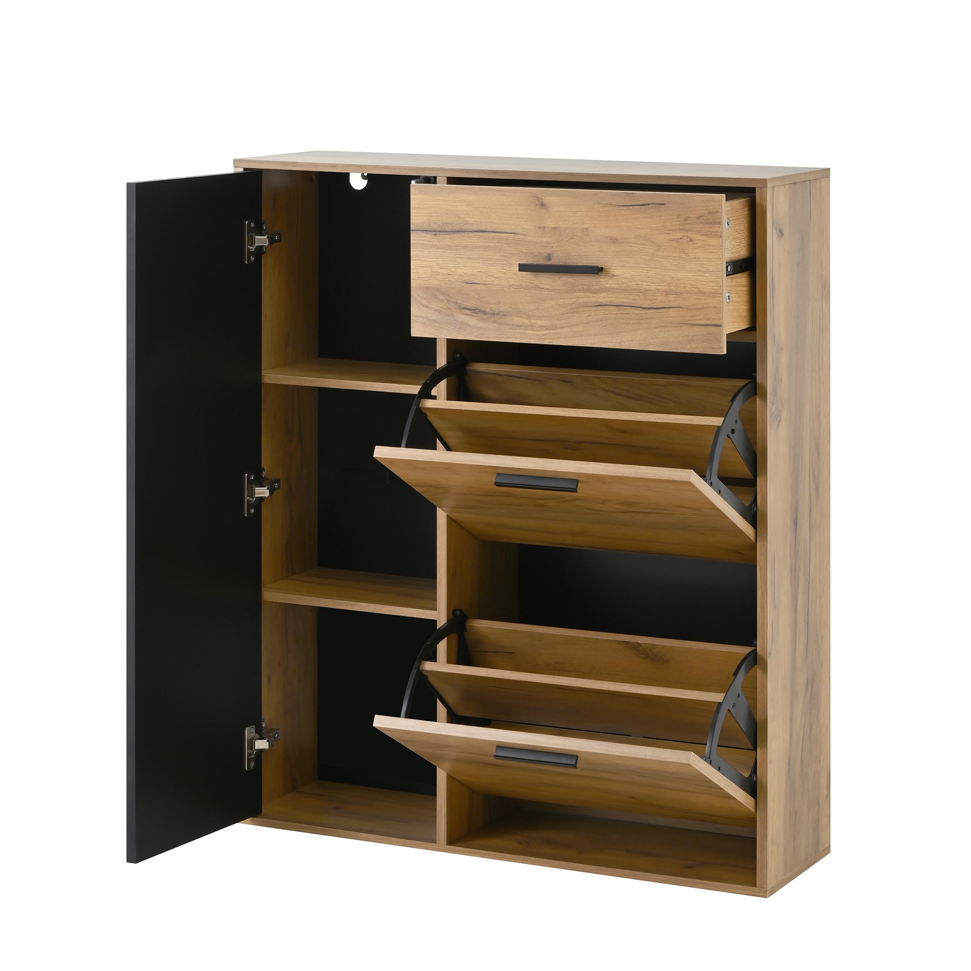 80 × 24 × 95,5 cm, zapatero moderno con estantes ajustables, tiradores negros, 1 cajón y 1 puerta, zapatero multiusos, zapatero en el pasillo (natural+negro)