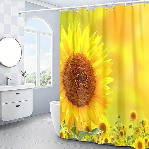 Miniatura 2 de Hipposama Cortina de ducha de girasol, juego de cortina de ducha de girasol amarillo de primavera campestre, cortinas de ducha florales de acuarela